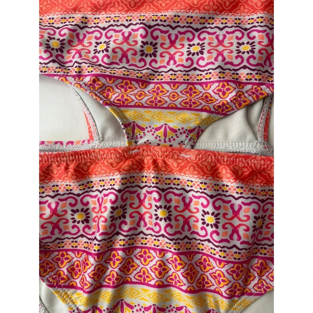 Lucky‎ Brand Girls Swimsuit Size Medium One Piece Cutout Boho Pink Orange Tribal